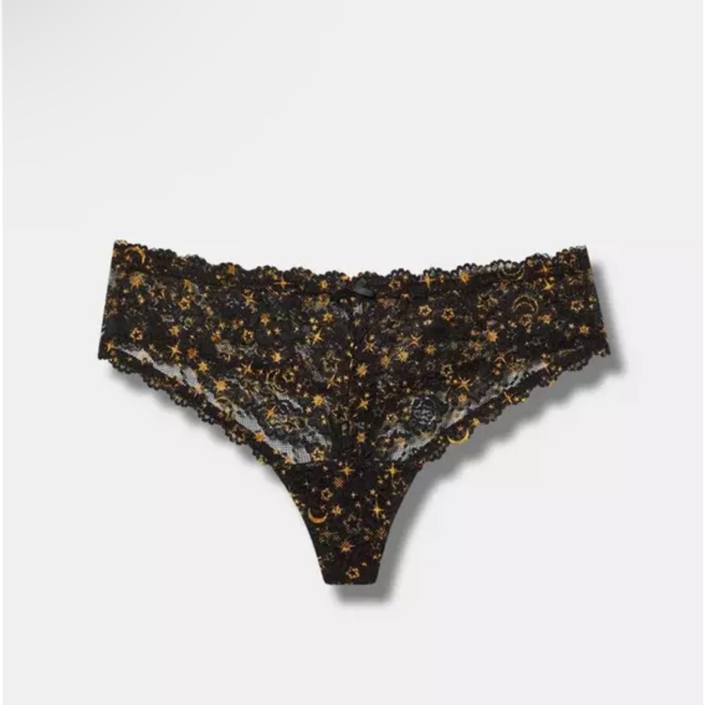 NWT Torrid Lace Mid Rise Thong Panty - Pointellism Stars Rich Black